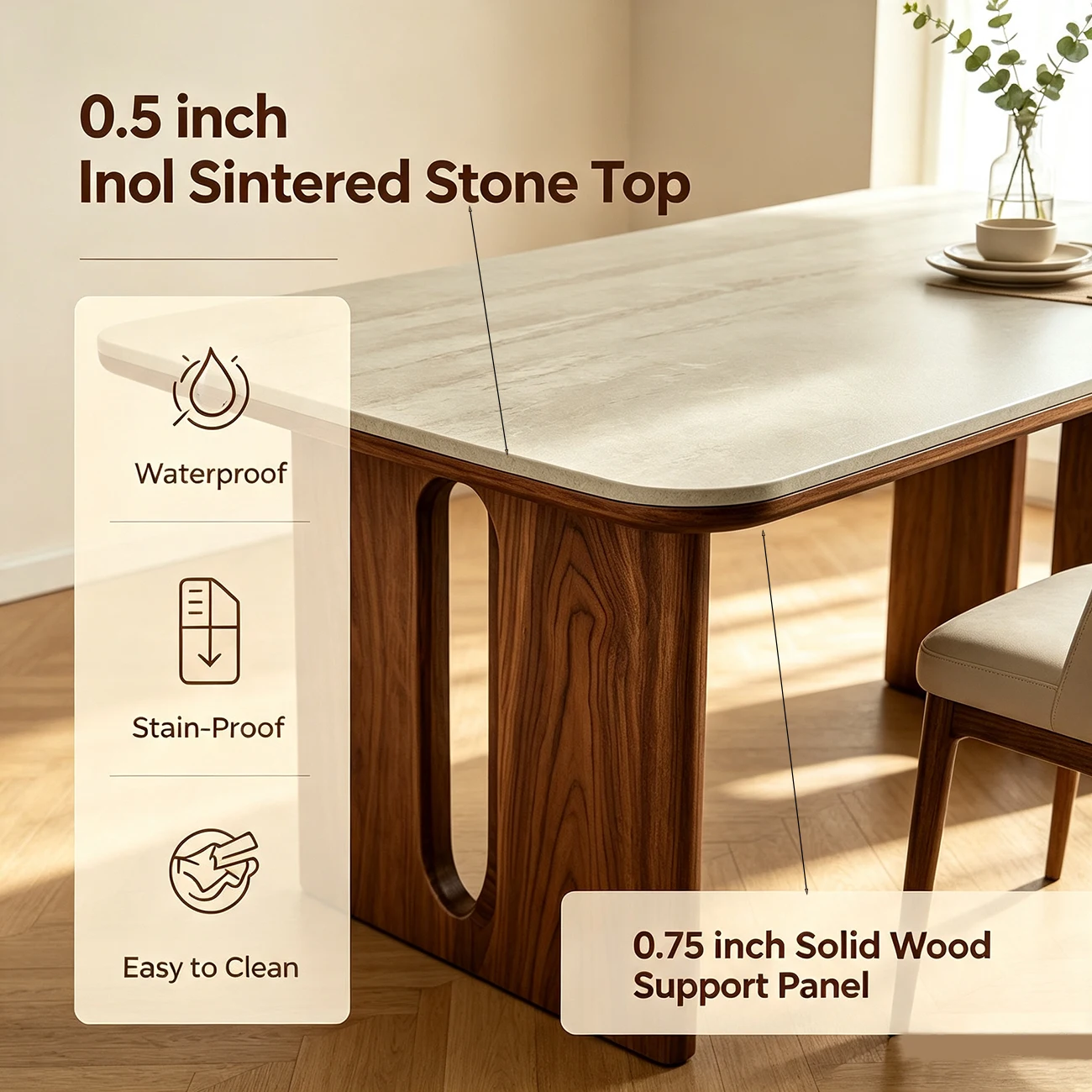 Mid-century Modern Sintered Stone Top Dining Table Solid Wood Base Image - 5 | homeyfad