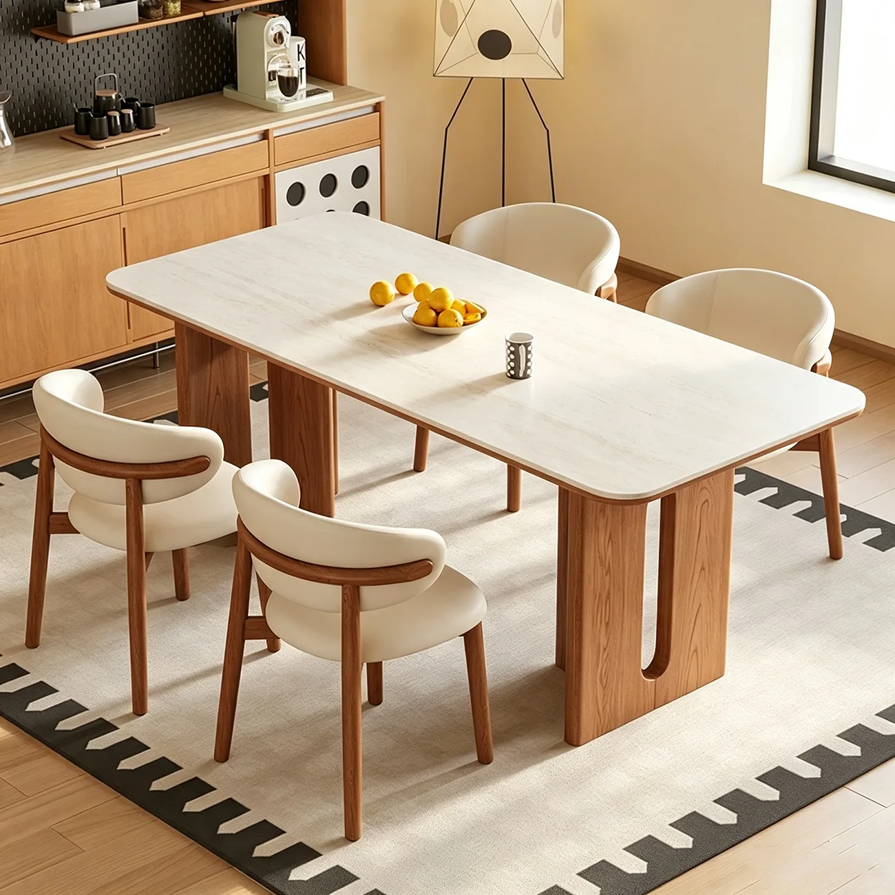 Mid-century Modern Sintered Stone Top Dining Table Solid Wood Base Image - 3 | homeyfad