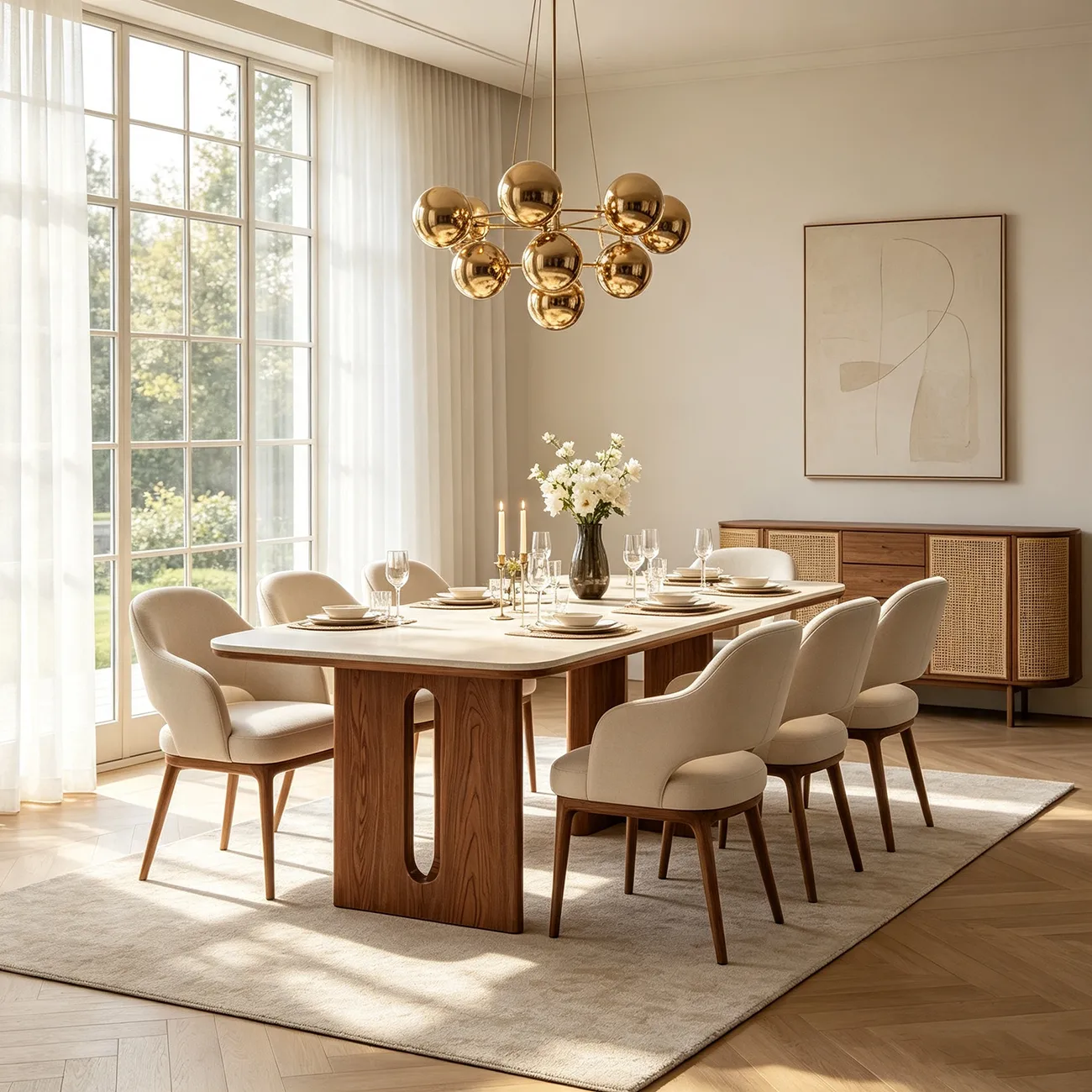 Mid-century Modern Sintered Stone Top Dining Table Solid Wood Base Image - 10 | homeyfad