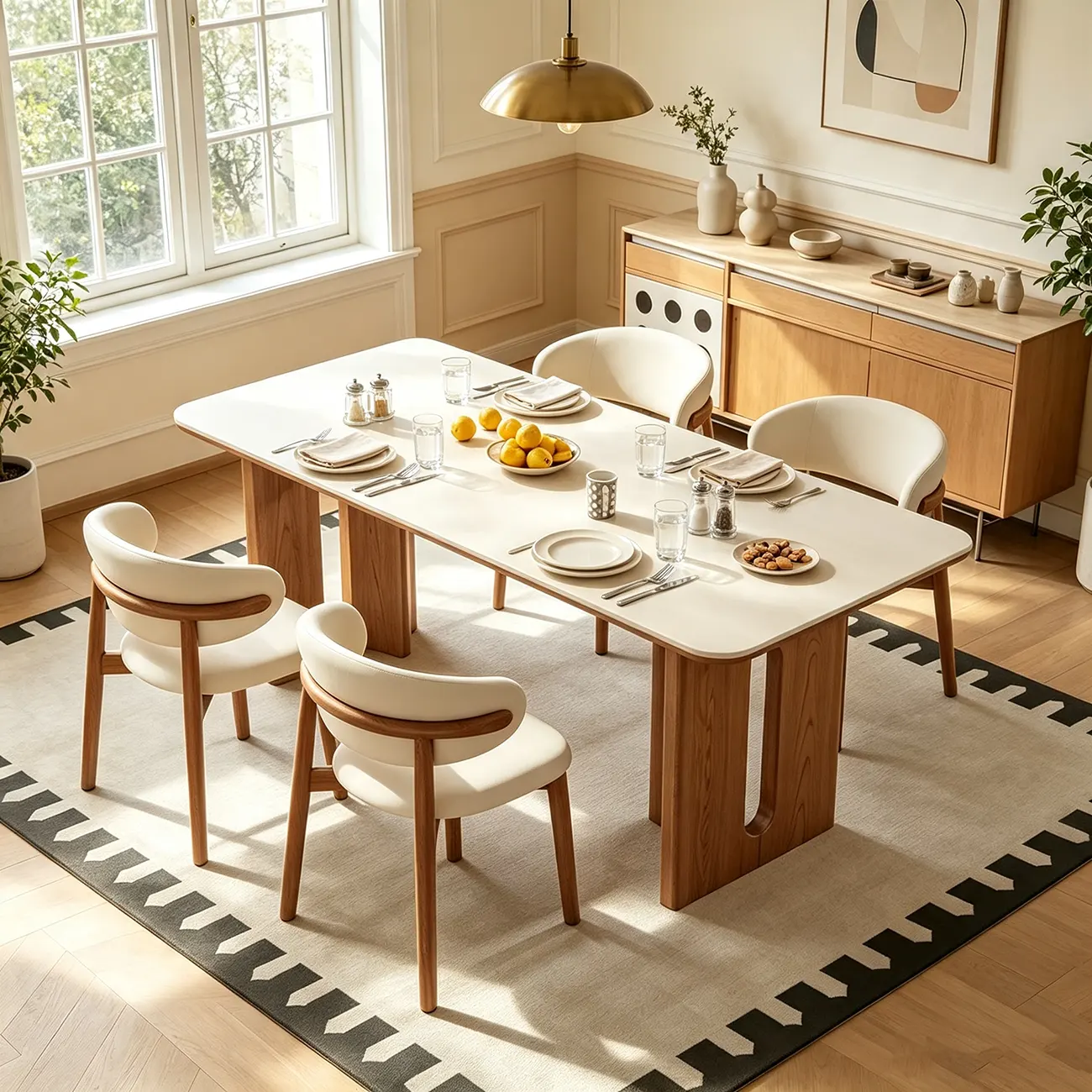 Mid-century Modern Sintered Stone Top Dining Table Solid Wood Base Image - 4 | homeyfad