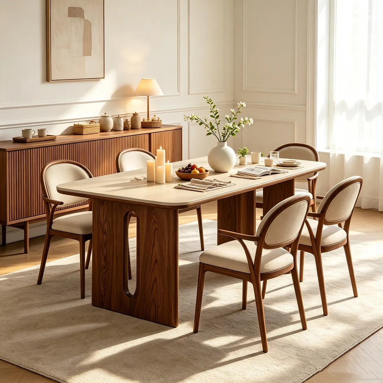 Mid-century Modern Sintered Stone Top Dining Table Solid Wood Base Image - 12 | homeyfad