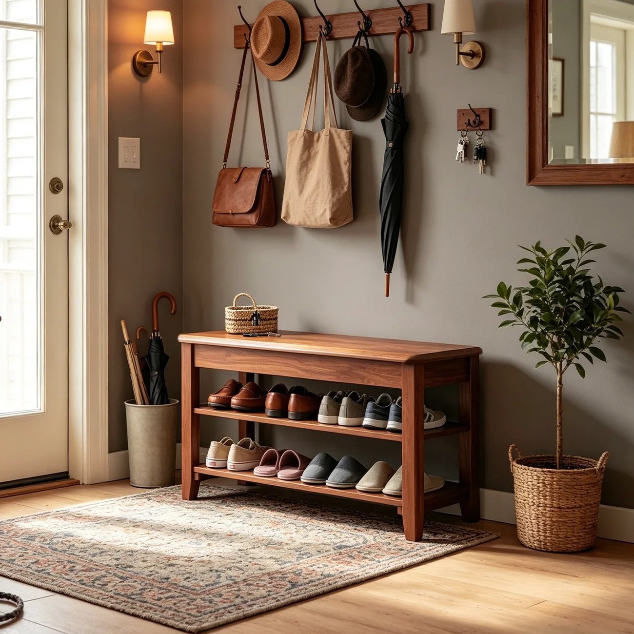 Mid-Century Modern Solid Wood Multi-Tier Shoe Rack for Entryway Image - 2 | homeyfad