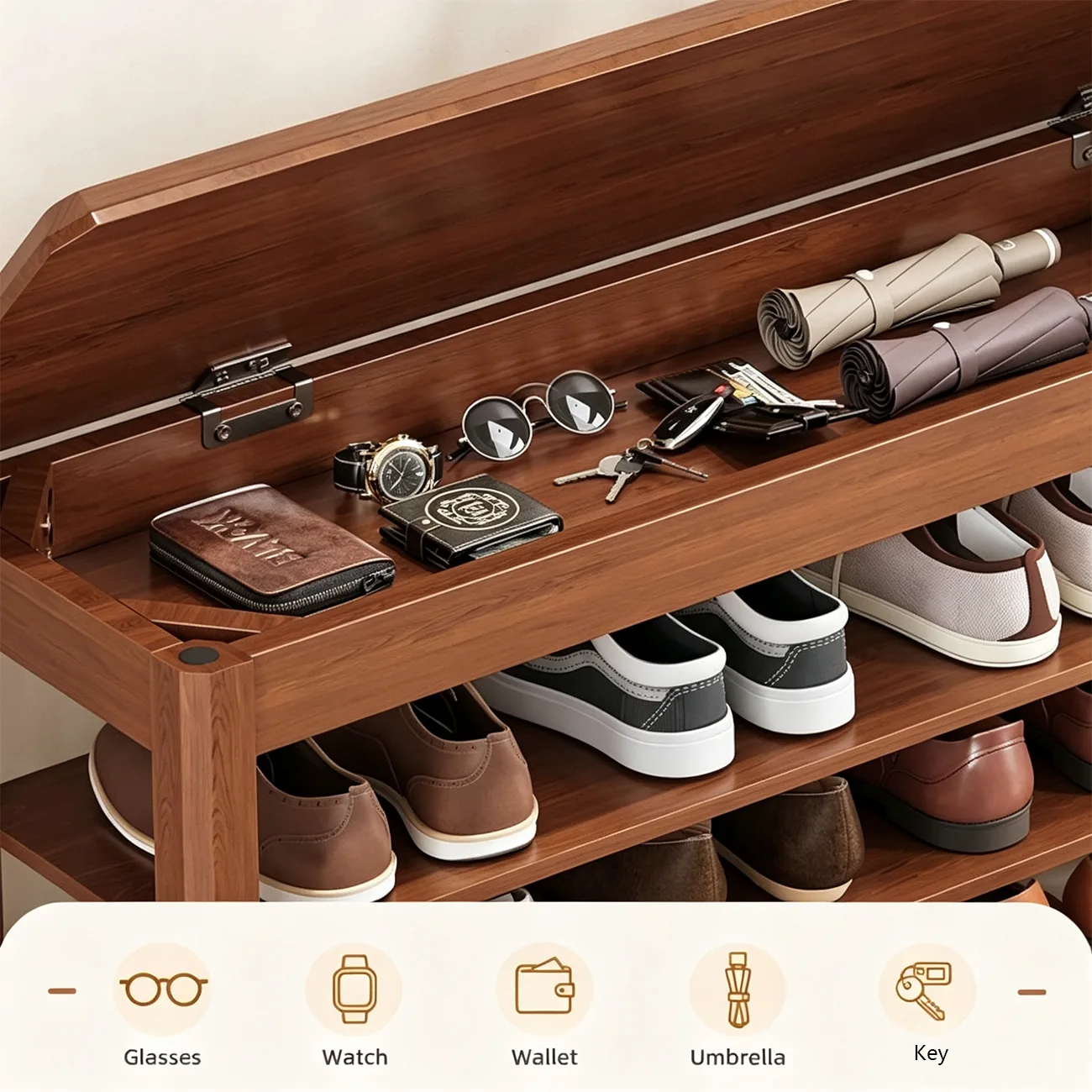 Mid-Century Modern Solid Wood Multi-Tier Shoe Rack for Entryway Image - 7 | homeyfad