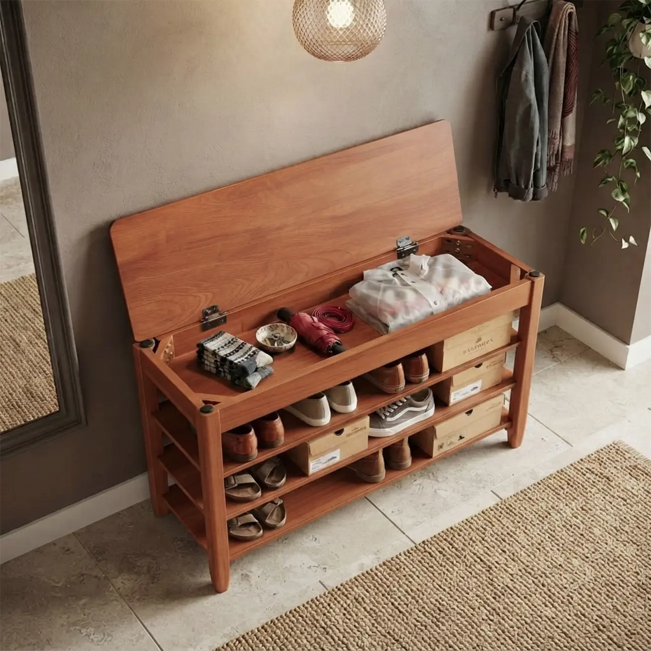 Mid-Century Modern Solid Wood Multi-Tier Shoe Rack for Entryway Image - 5 | homeyfad