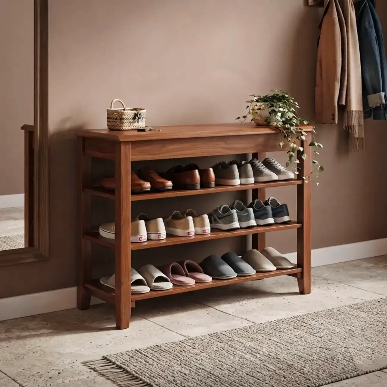 Mid-Century Modern Solid Wood Multi-Tier Shoe Rack for Entryway Image - 4 | homeyfad
