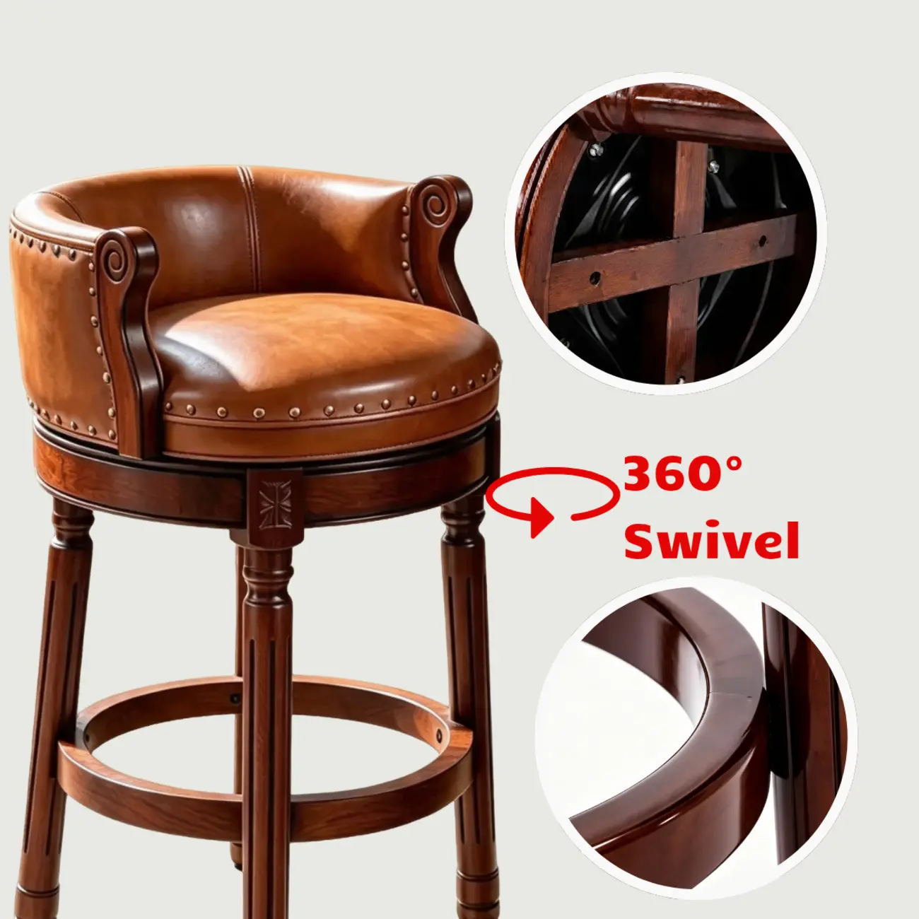 Traditional Genuine Leather Solid Wood Swivel Kitchen 25.6"H Counter Stools Image - 5 | homeyfad
