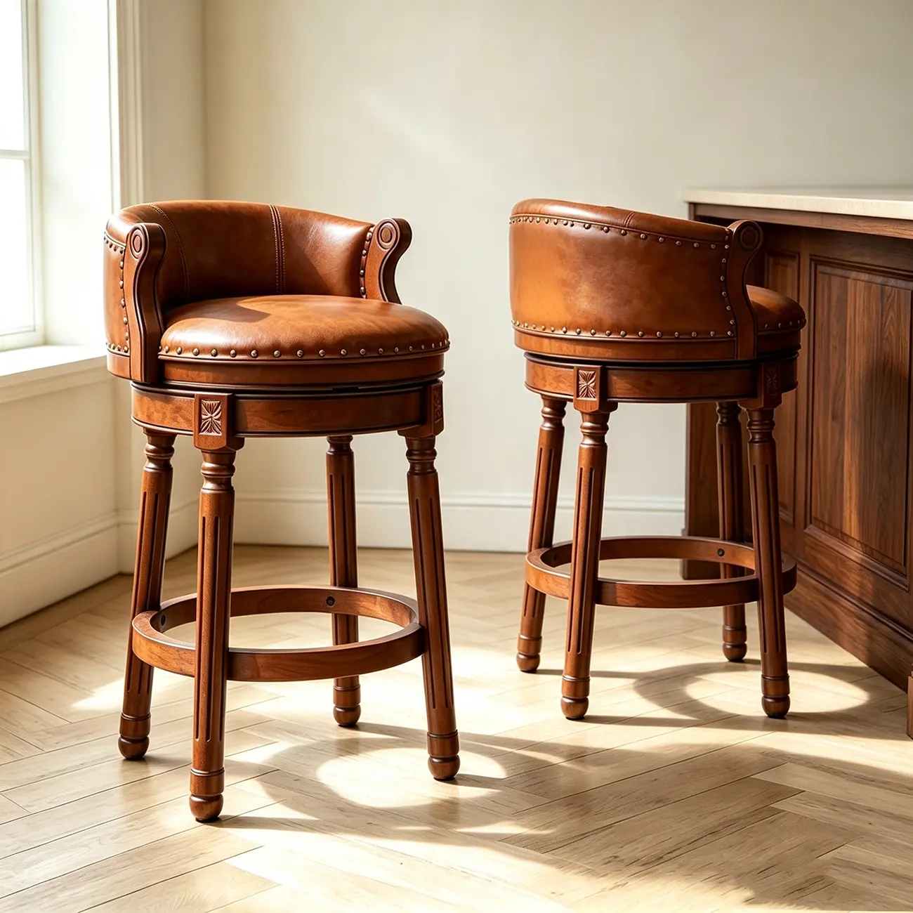 Traditional Genuine Leather Solid Wood Swivel Kitchen 25.6"H Counter Stools Image - 1 | homeyfad