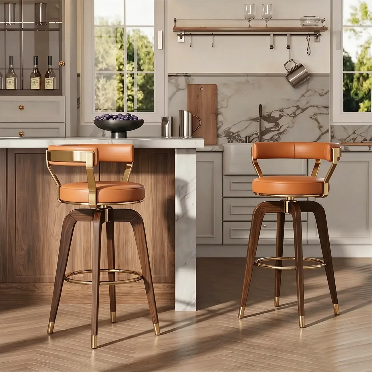 Swivel Mid Century Modern Counter Height Leather Bar Stools Image - 6 | homeyfad