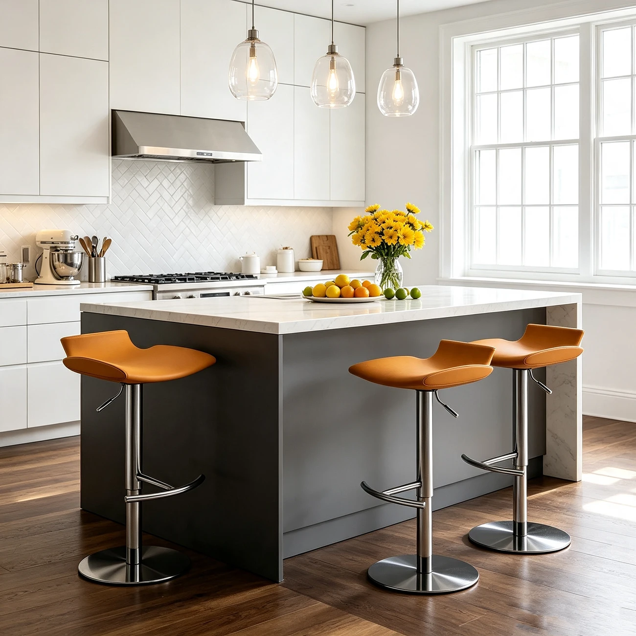Modern Gray Swivel Metal Frame Adjustable Bar Height Stools Image - 3 | homeyfad