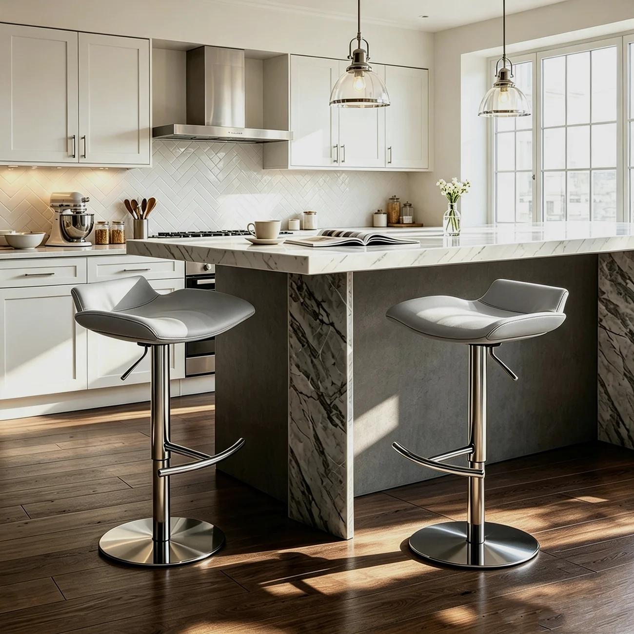Modern Gray Swivel Metal Frame Adjustable Bar Height Stools Image - 2 | homeyfad