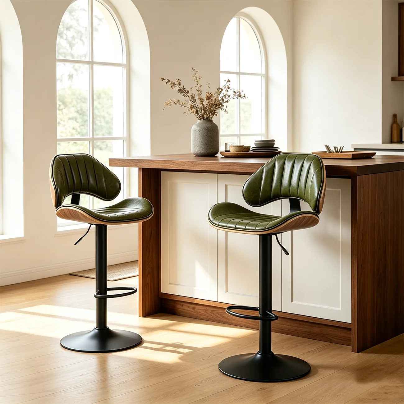 Modern Adjustable Faux Leather Swivel Bar Stools Set of 2 for Kitchen Island Image - 3 | homeyfad
