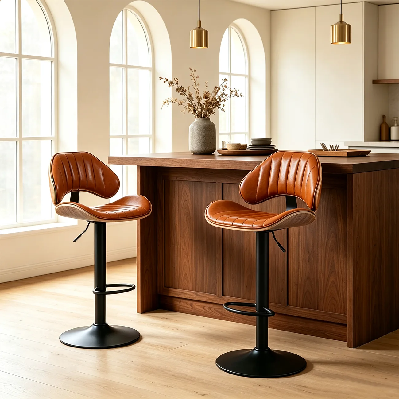 Modern Adjustable Faux Leather Swivel Bar Stools Set of 2 for Kitchen Island Image - 2 | homeyfad