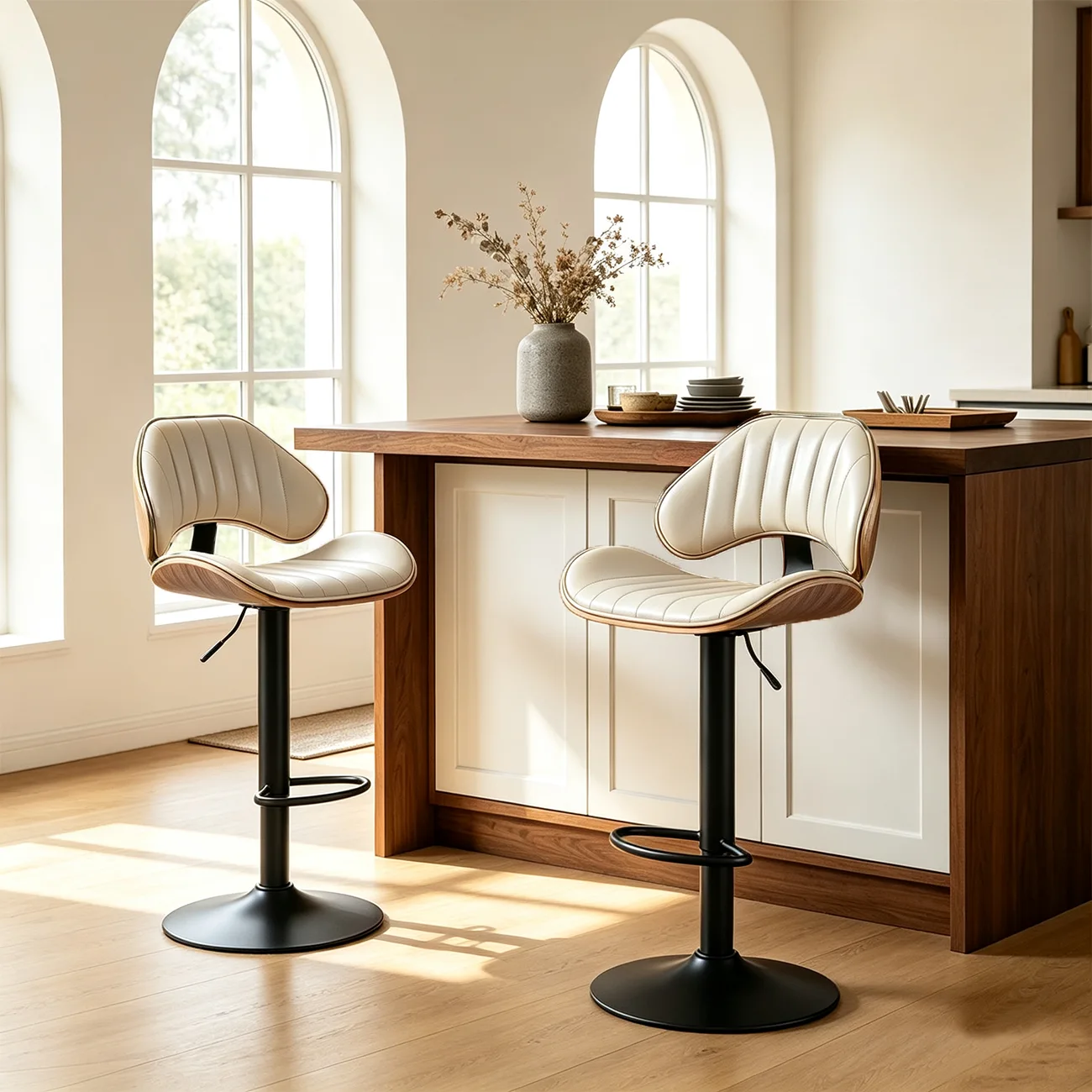 Modern Adjustable Faux Leather Swivel Bar Stools Set of 2 for Kitchen Island Image - 1 | homeyfad
