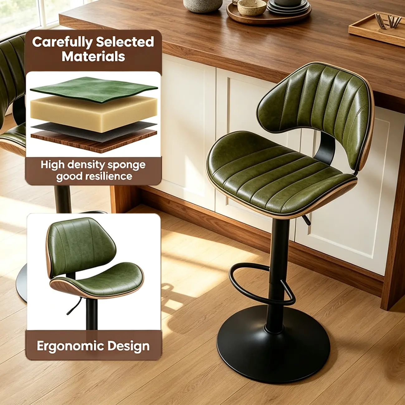 Modern Adjustable Faux Leather Swivel Bar Stools Set of 2 for Kitchen Island Image - 5 | homeyfad