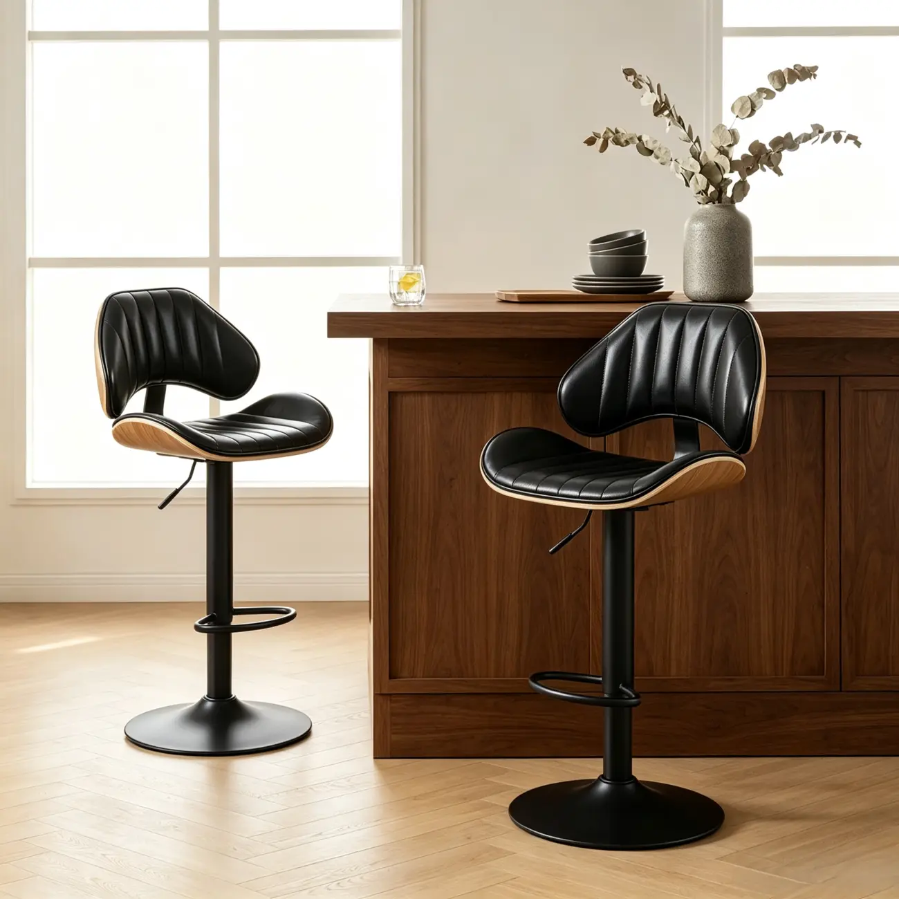 Modern Adjustable Faux Leather Swivel Bar Stools Set of 2 for Kitchen Island Image - 4 | homeyfad