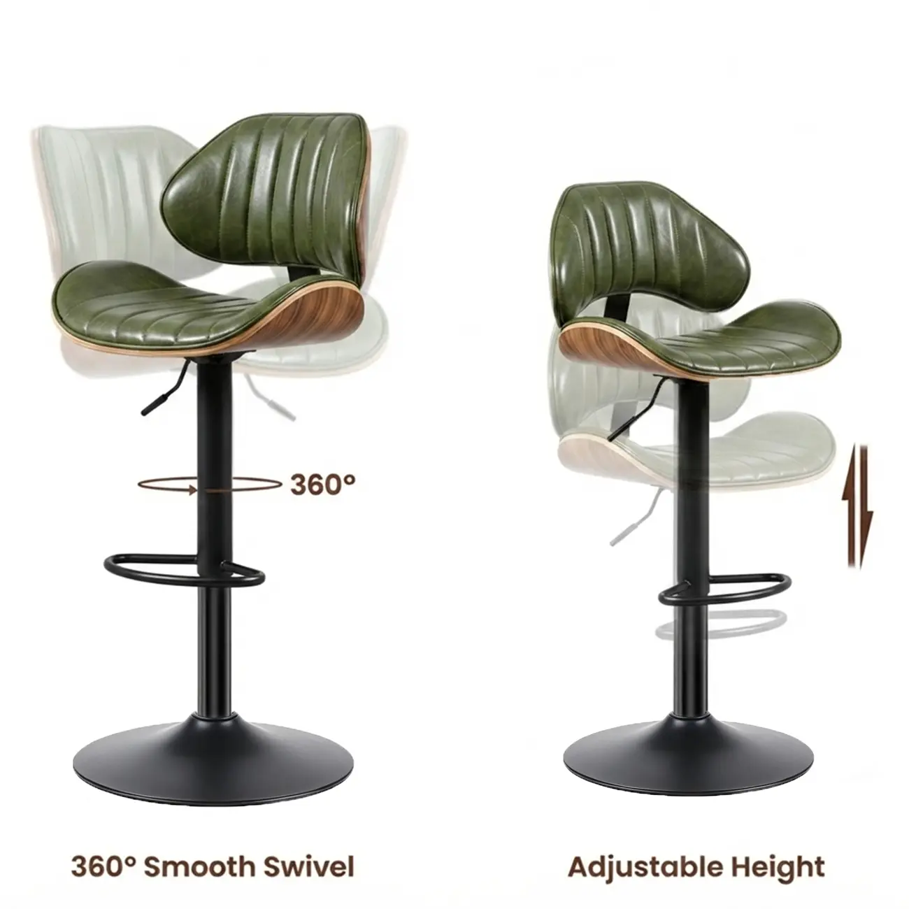 Modern Adjustable Faux Leather Swivel Bar Stools Set of 2 for Kitchen Island Image - 6 | homeyfad