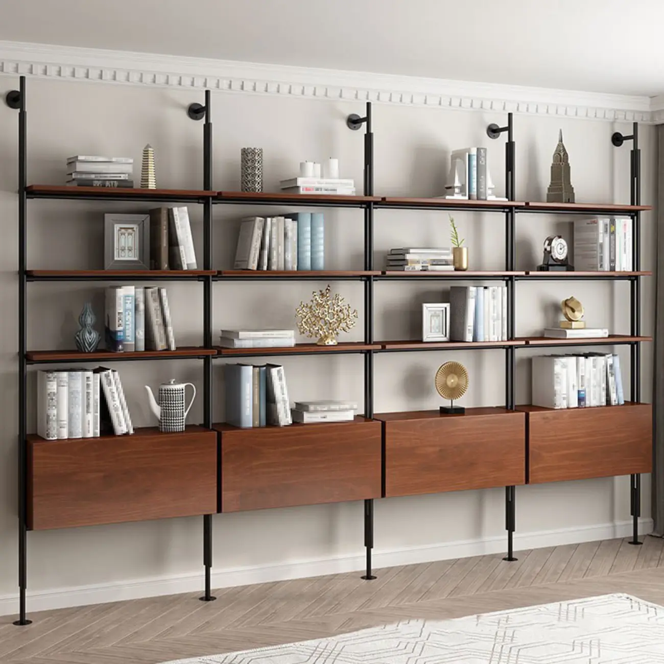 Tall Brown Open Back Metal Frame Etagere Bookcase Image - 1 | homeyfad