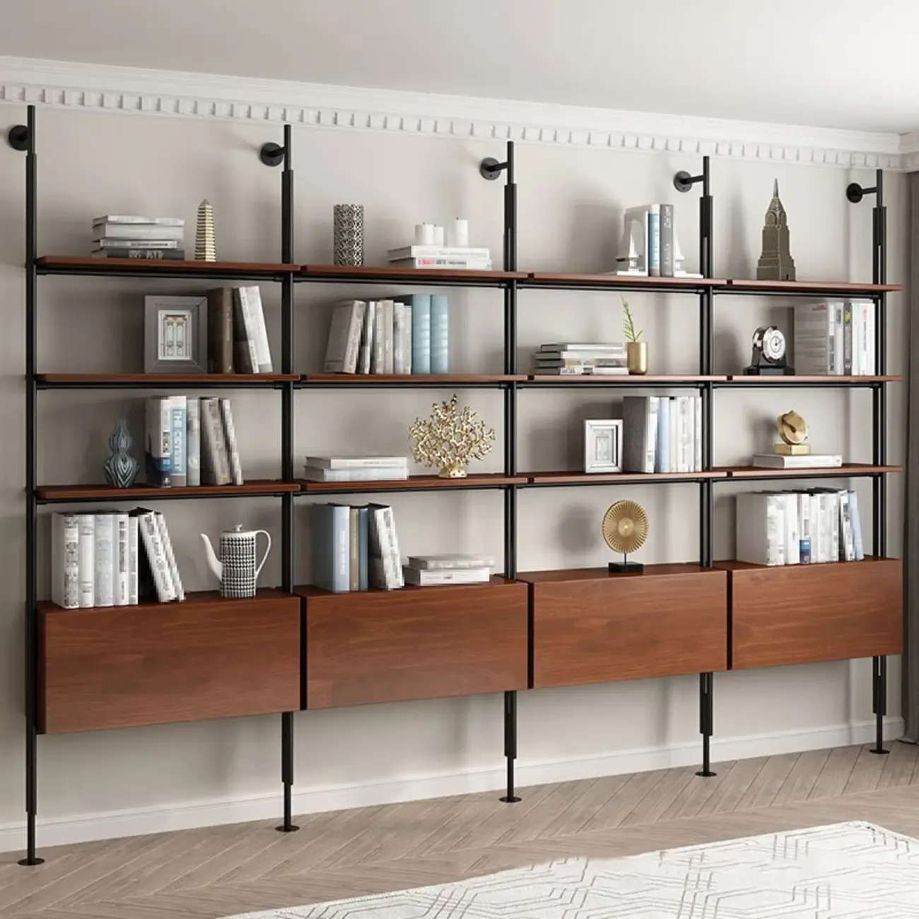 Tall Brown Open Back Metal Frame Etagere Bookcase Image - 1