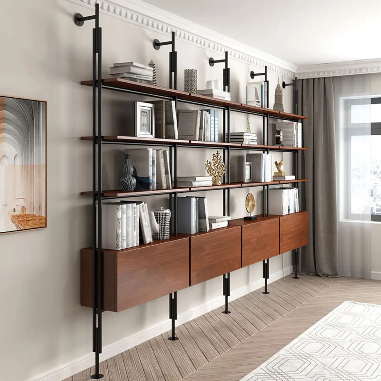 Tall Brown Open Back Metal Frame Etagere Bookcase Image - 2 | homeyfad