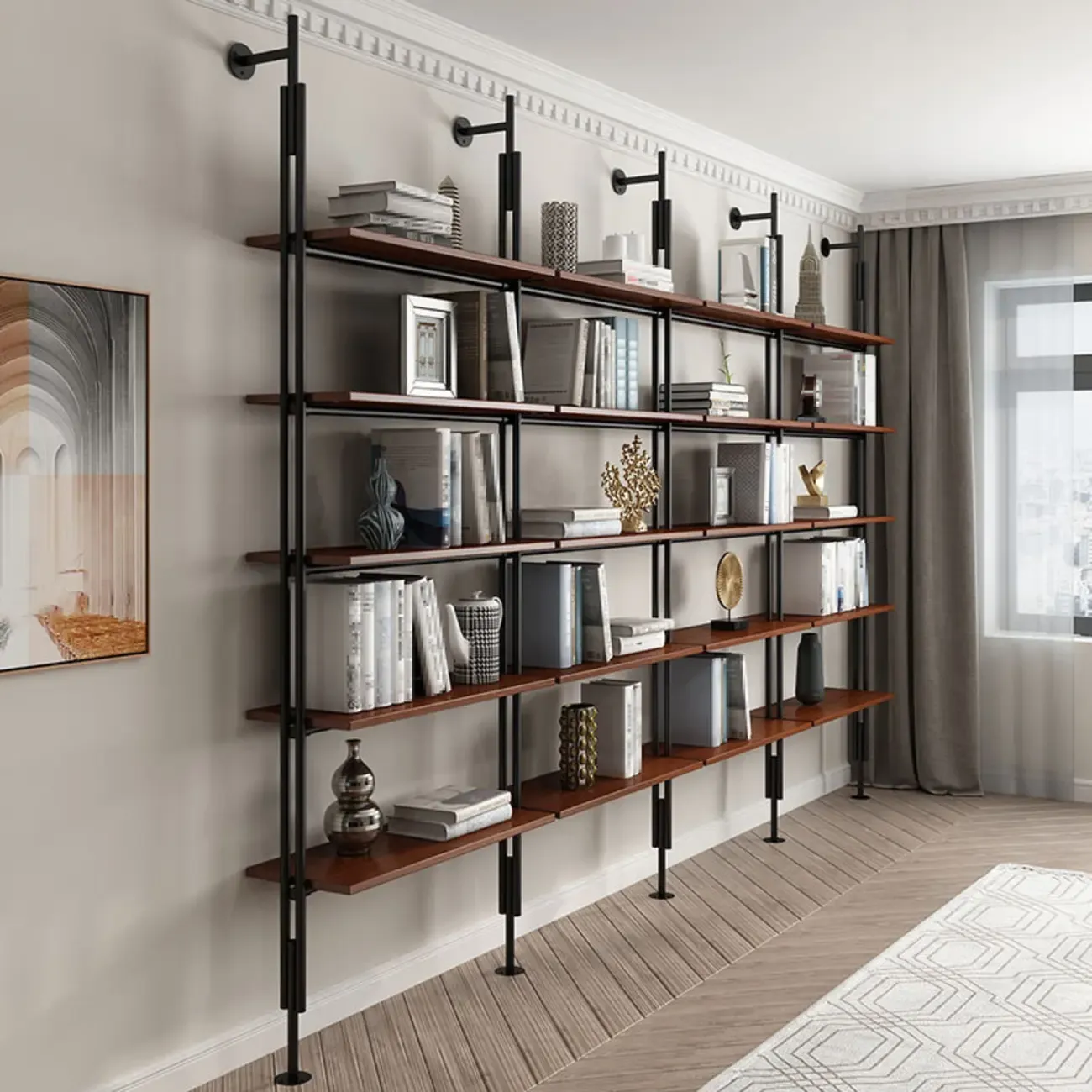Tall Brown Open Back Metal Frame Etagere Bookcase Image - 7