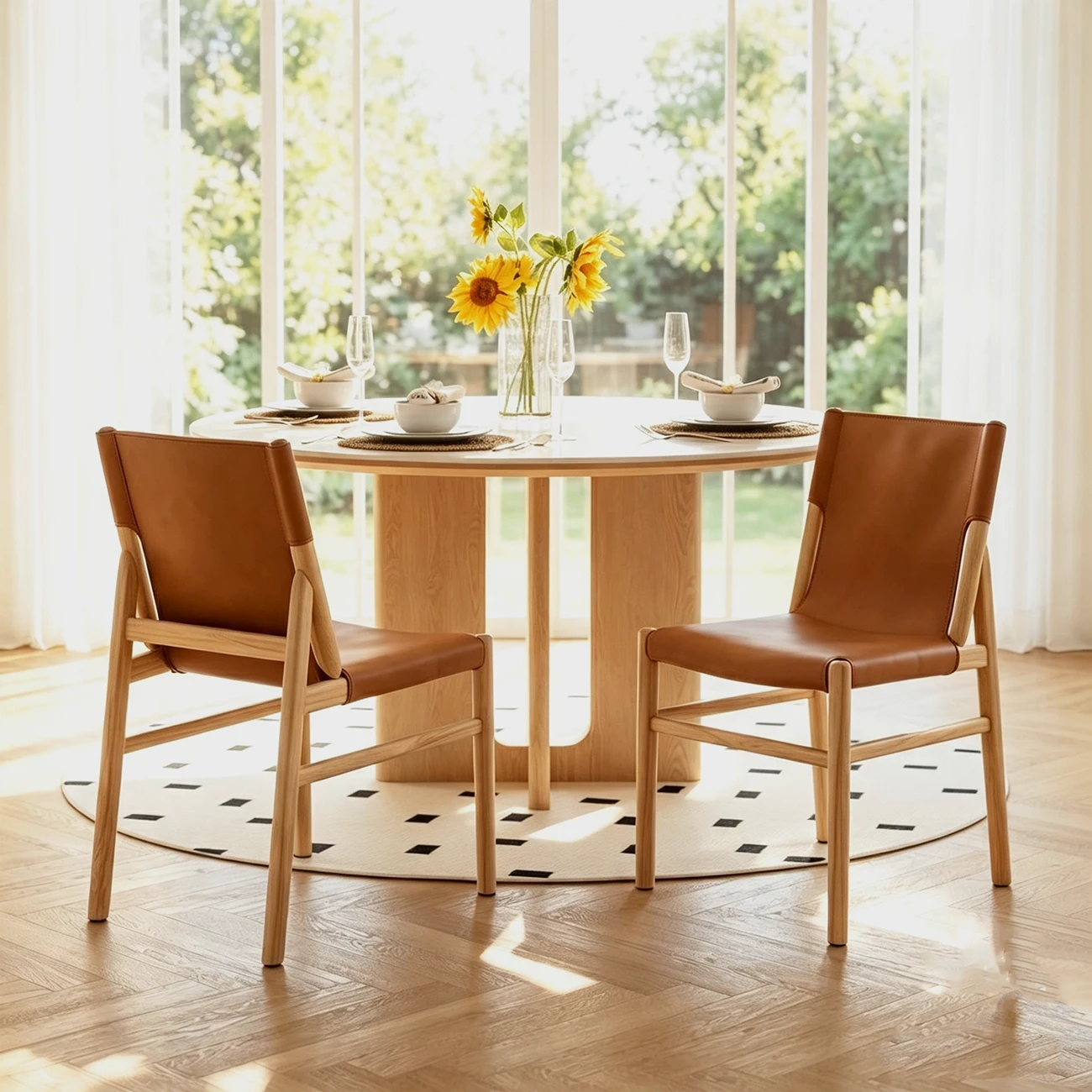 Scandinavian Saddle-style Faux Leather Solid Wood Dining Chairs Set Of 2 Image - 3 | homeyfad