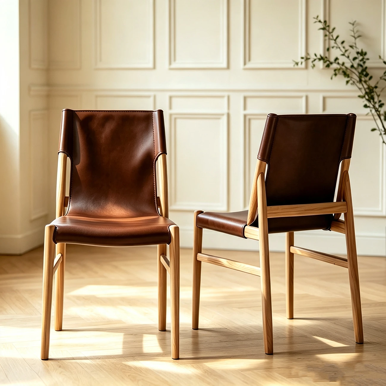 Scandinavian Saddle-style Faux Leather Solid Wood Dining Chairs Set Of 2 Image - 12 | homeyfad