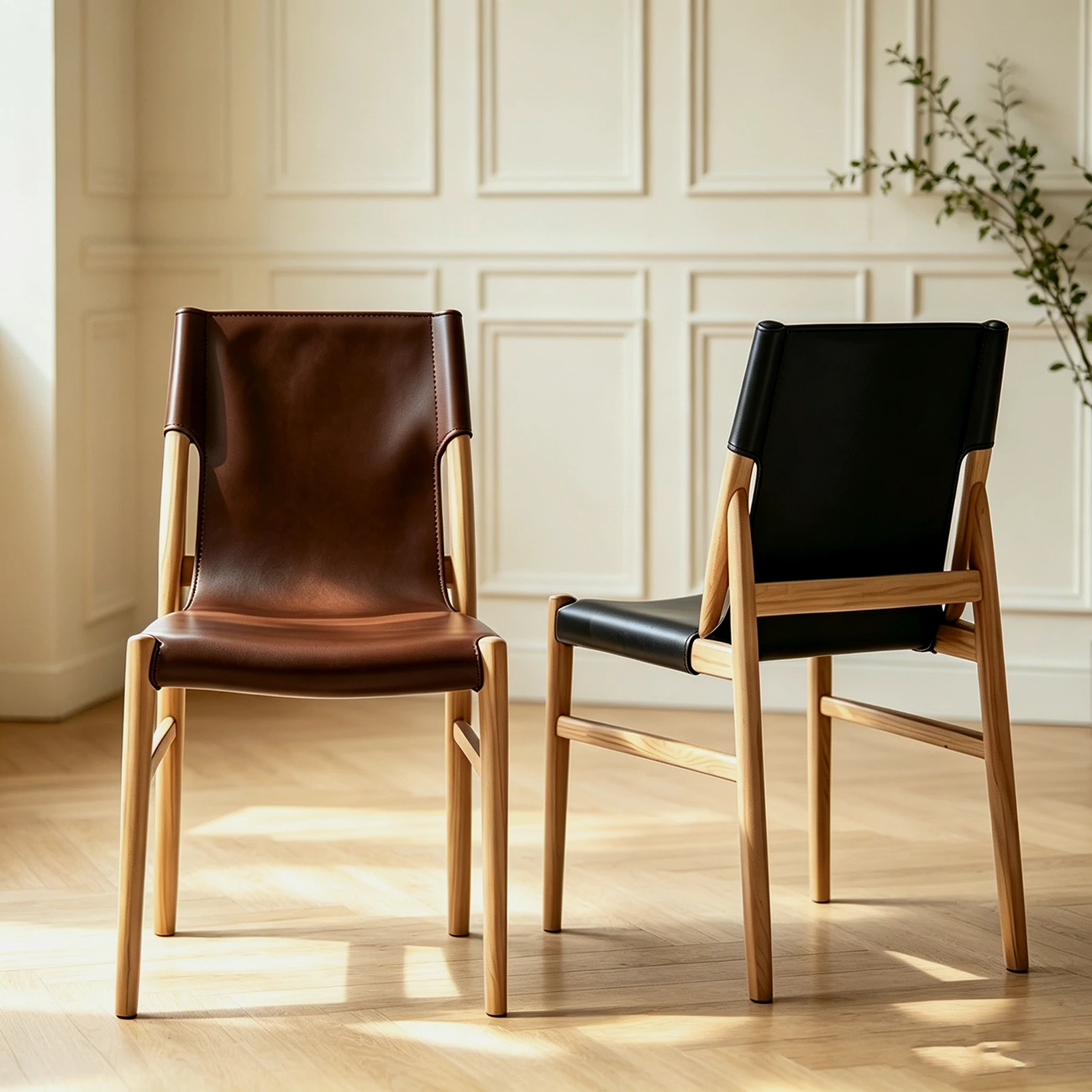 Scandinavian Saddle-style Faux Leather Solid Wood Dining Chairs Set Of 2 Image - 2 | homeyfad