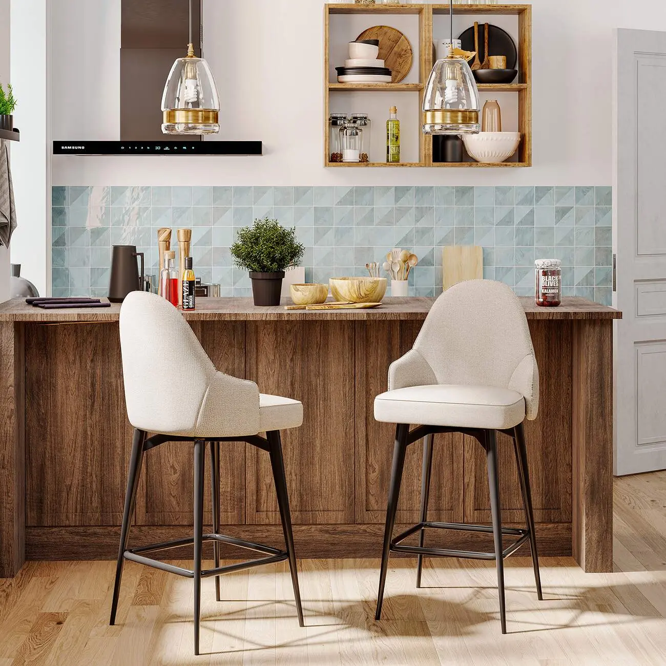 360° Swivel Modern Chenille Fabric Counter Stool Image - 2 | homeyfad