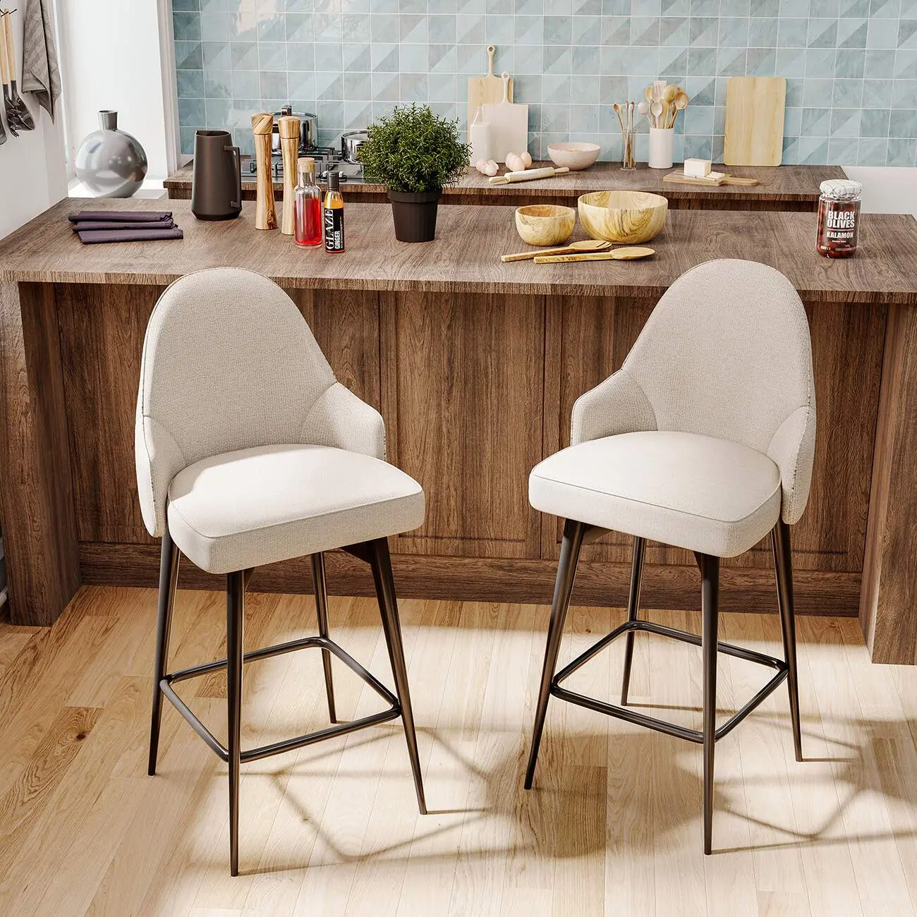 360° Swivel Modern Chenille Fabric Counter Stool Image - 3 | homeyfad