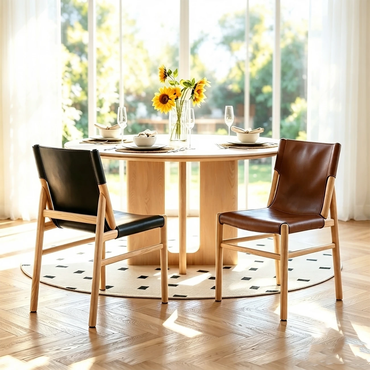 Scandinavian Saddle-style Faux Leather Solid Wood Dining Chairs Set Of 2 Image - 1 | homeyfad