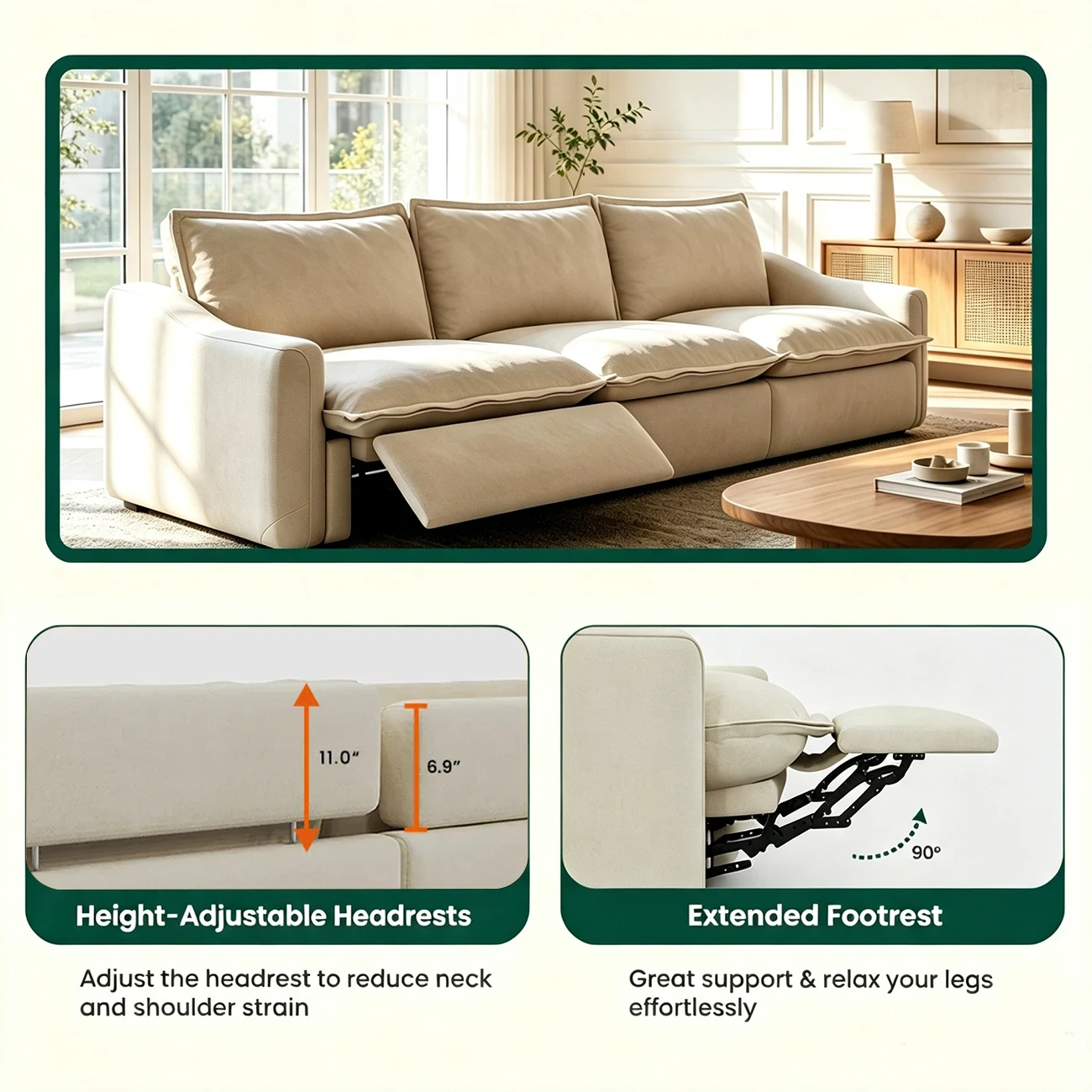 Beige Modern Living Room Power Reclining Sofa With Adjustable Footrest Image - 8 | homeyfad