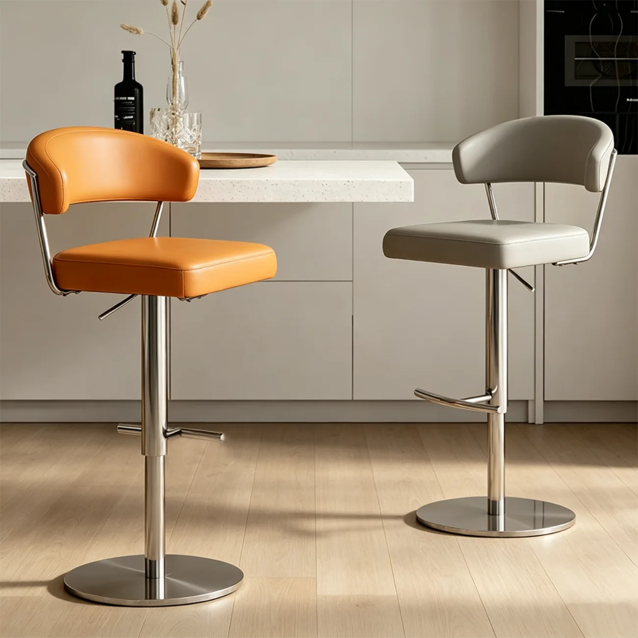 Modern Upholstered Leather Swivel Bar Stools with Adjustable Height Image - 11 | homeyfad