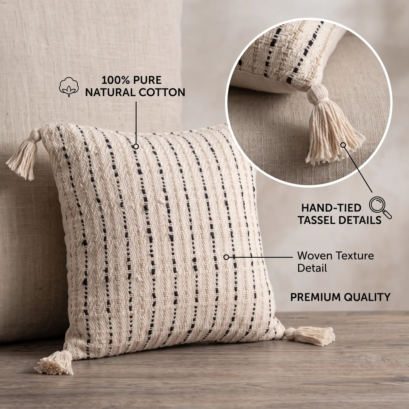 Boho Woven Tassels Cotton 18" Throw Pillow With Insert Image - 3 | homeyfad