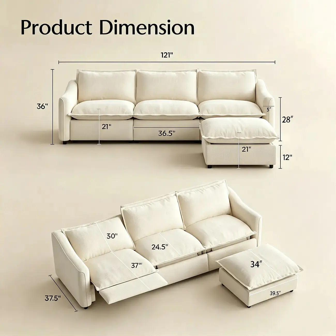 Beige Modern Living Room Power Reclining Sofa With Adjustable Footrest #size | homeyfad