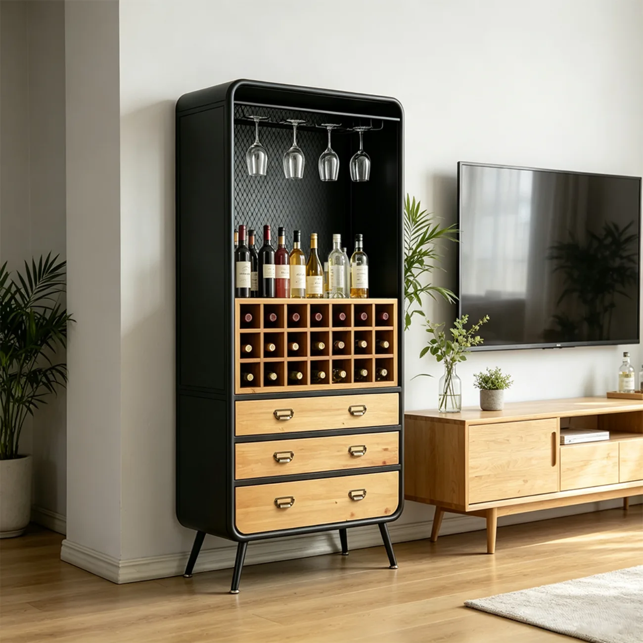 Industrial Wine Rack Cabinet with Glass Holder and Bottle Storage  Image - 4 | homeyfad