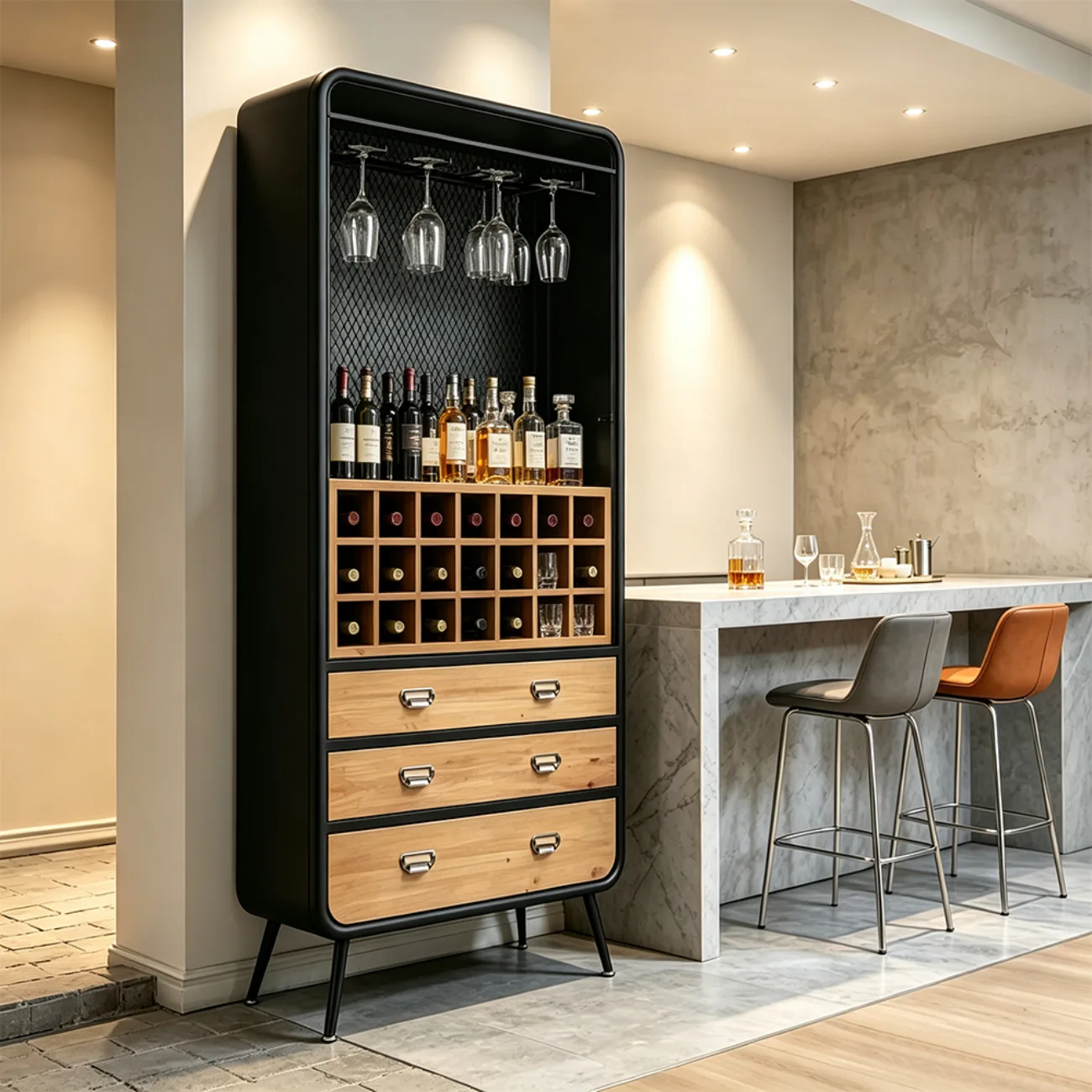 Industrial Wine Rack Cabinet with Glass Holder and Bottle Storage  Image - 5 | homeyfad