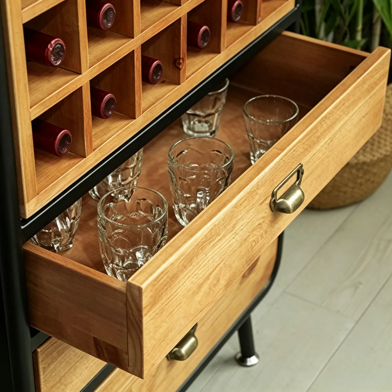 Industrial Wine Rack Cabinet with Glass Holder and Bottle Storage  Image - 9 | homeyfad