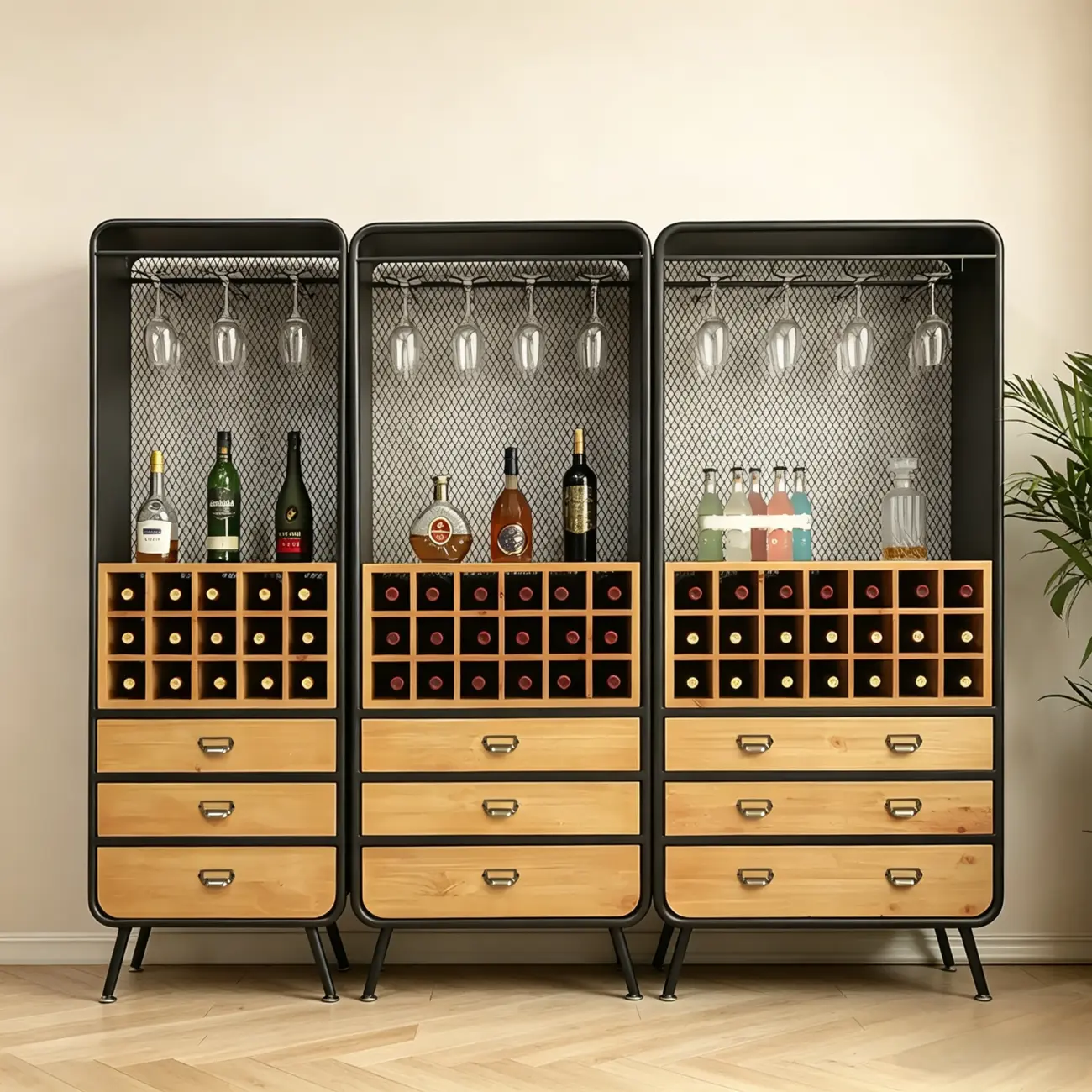 Industrial Wine Rack Cabinet with Glass Holder and Bottle Storage  Image - 7 | homeyfad