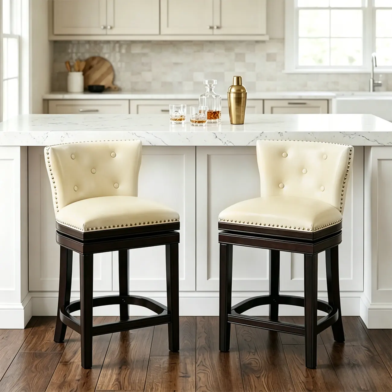 Solid Wood Genuine Leather Swivel Bar Stool Image - 14 | homeyfad