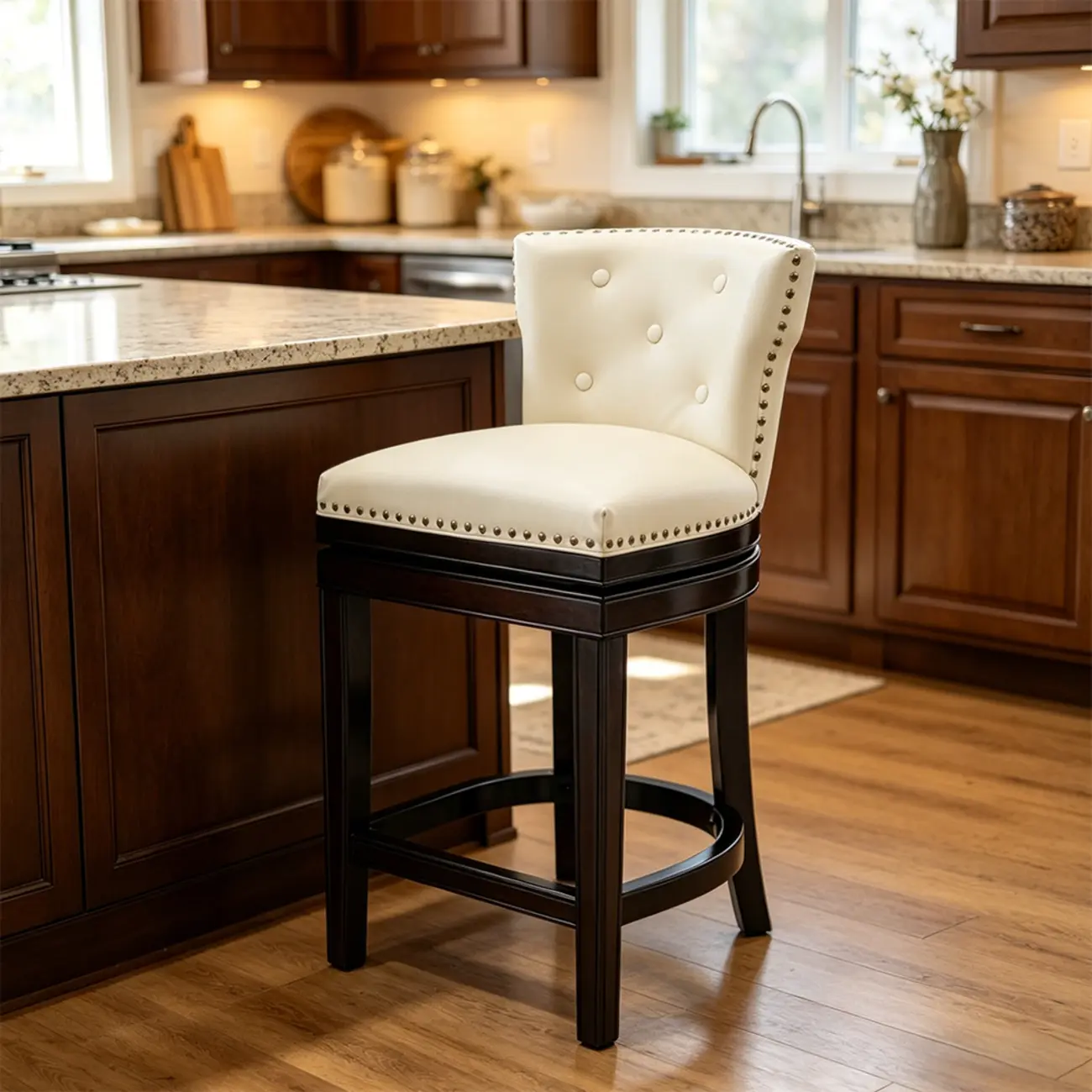 Solid Wood Genuine Leather Swivel Bar Stool Image - 20 | homeyfad