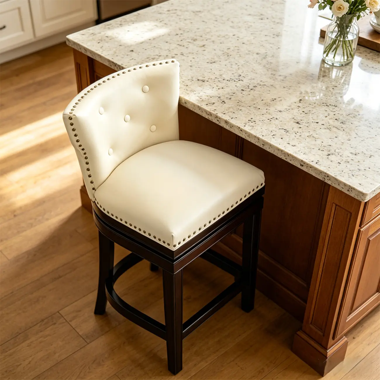 Solid Wood Genuine Leather Swivel Bar Stool Image - 21 | homeyfad