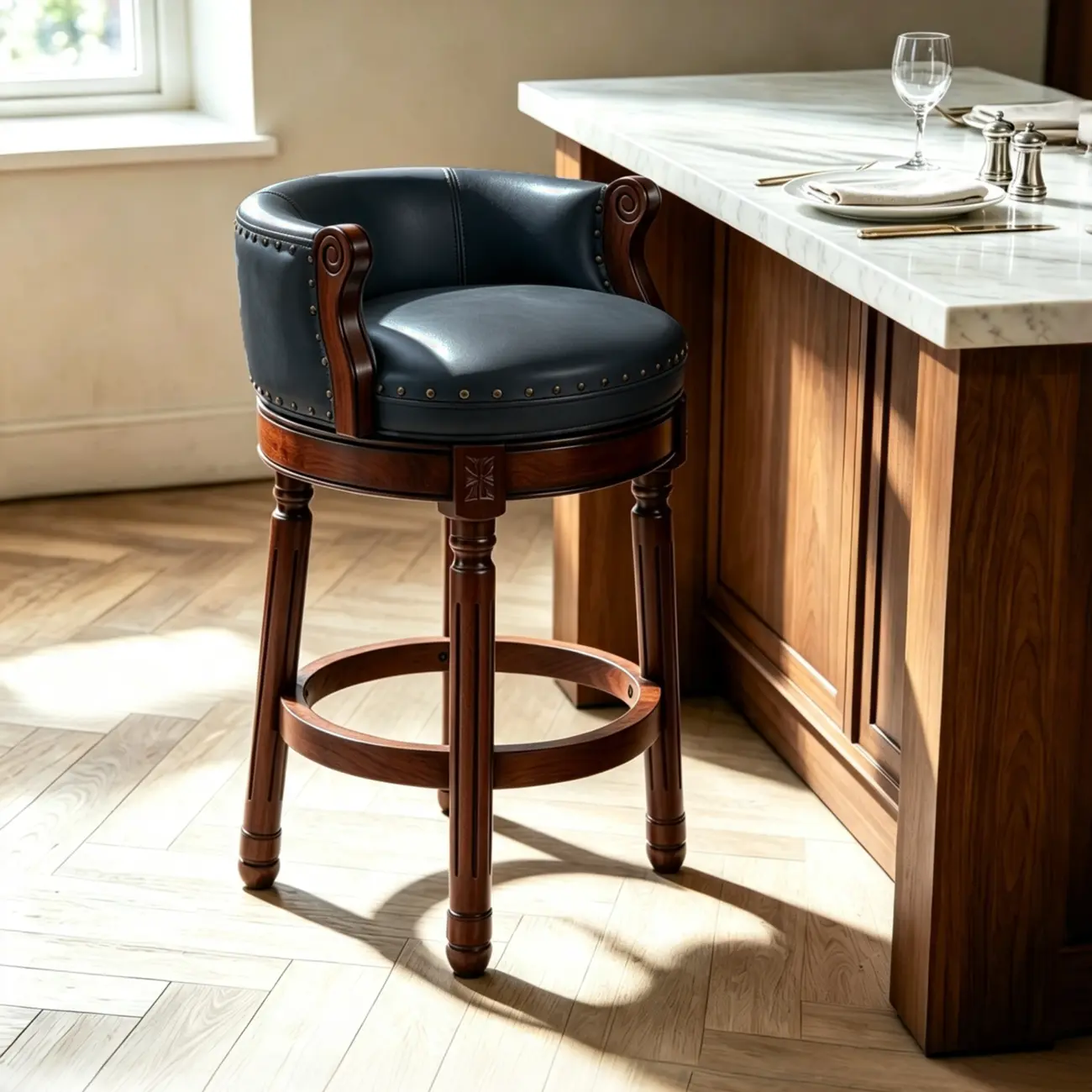 Traditional Genuine Leather Solid Wood Swivel Kitchen 25.6"H Counter Stools Image - 6 | homeyfad