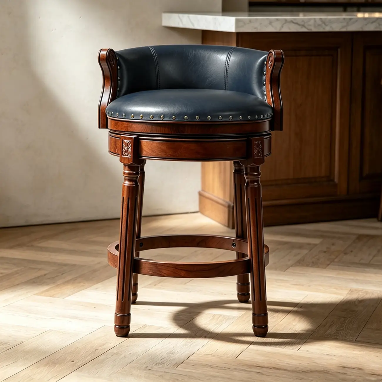 Traditional Genuine Leather Solid Wood Swivel Kitchen 25.6"H Counter Stools Image - 16 | homeyfad