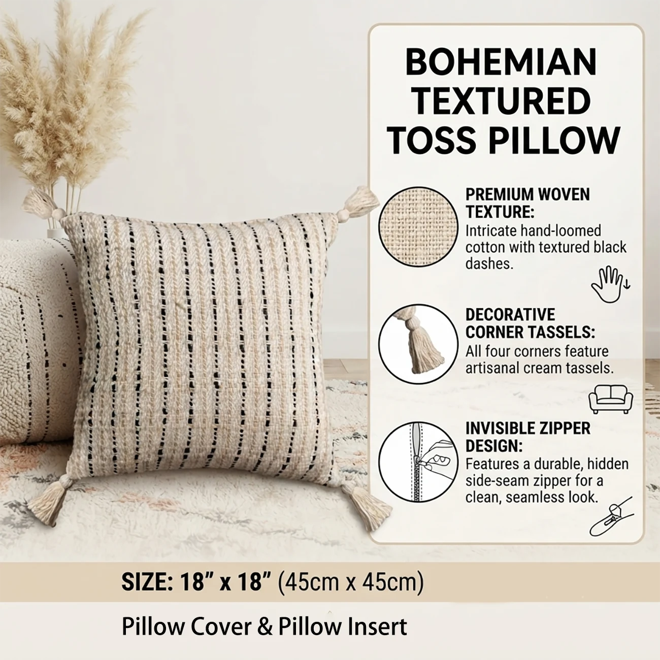 Boho Woven Tassels Cotton 18" Throw Pillow With Insert Image - 4 | homeyfad