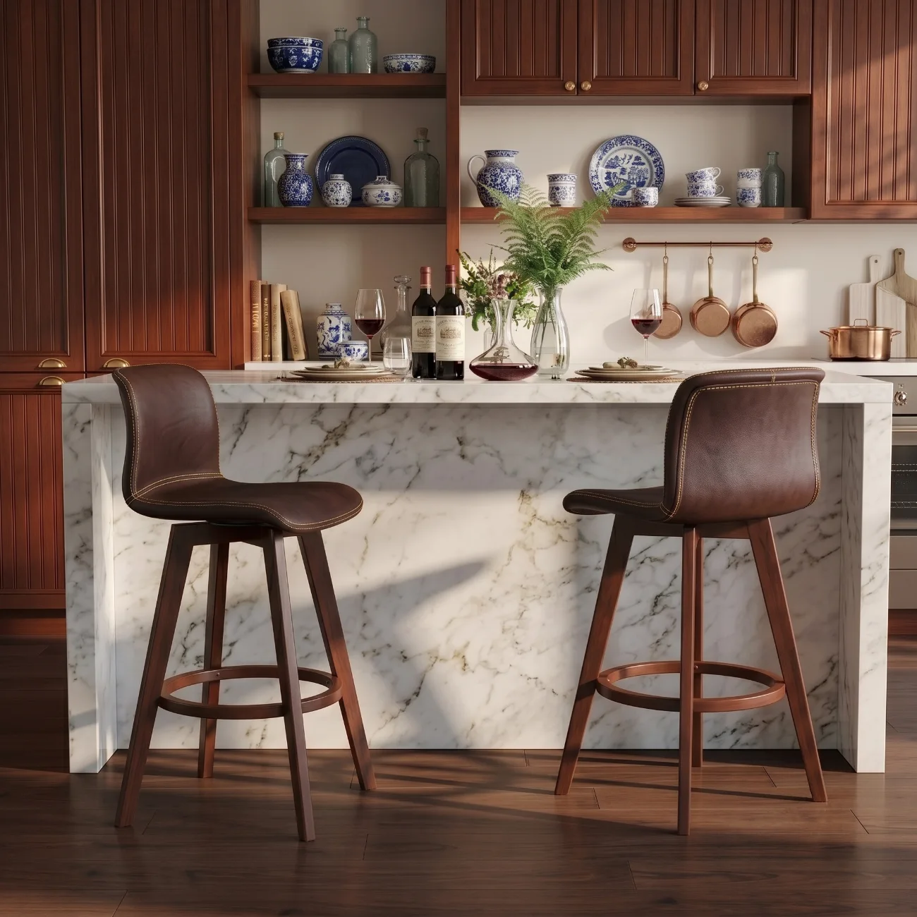 Saddle Seat Leather Counter Height Low Back Swivel Bar Stools