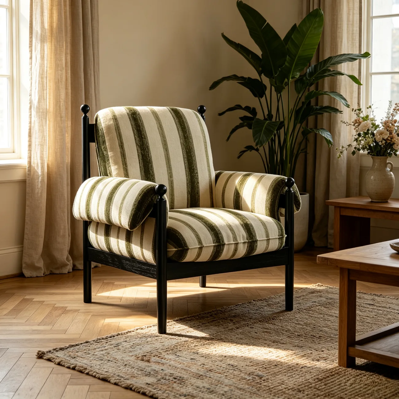 Vintage Striped Upholstered Accent Chair with Removable Cover Image - 3 | homeyfad