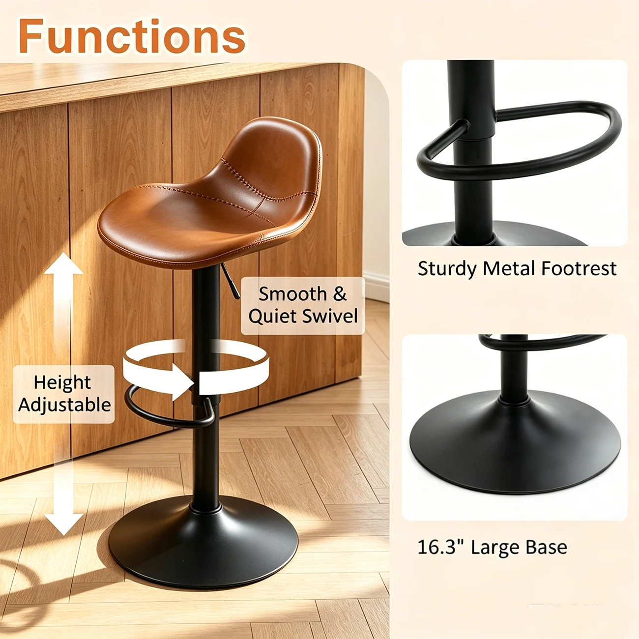 Modern Leather Adjustable Bar Stools with Footrest for Home Bar Image - 4 | homeyfad