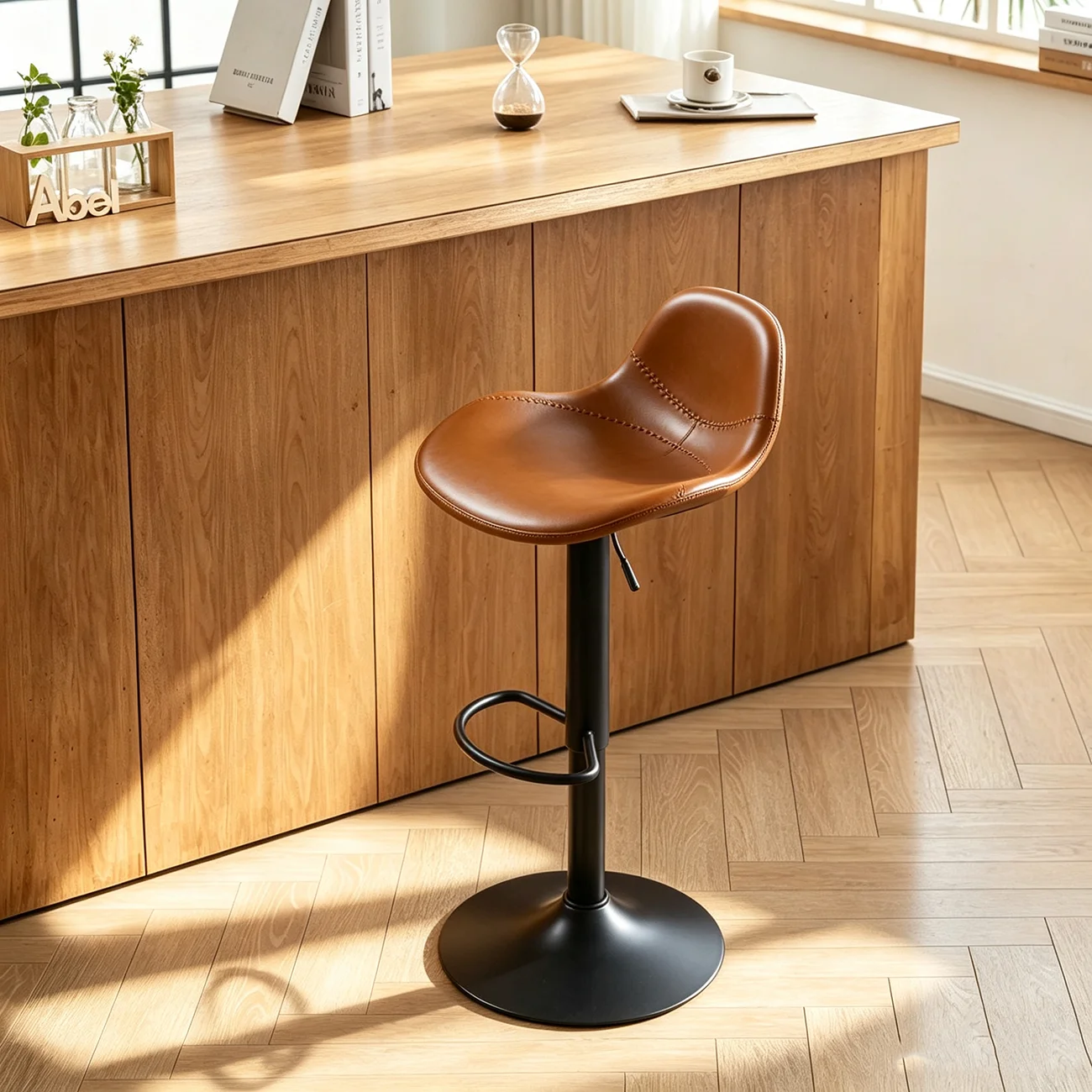 Modern Leather Adjustable Bar Stools with Footrest for Home Bar Image - 7 | homeyfad