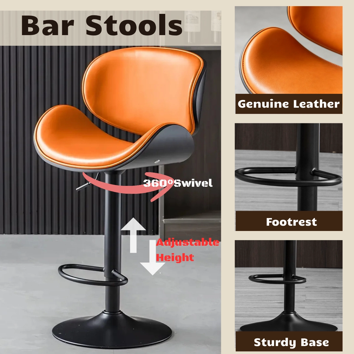 Modern Saddle Swivel Genuine Leather Pedestal Bar Stool Image - 3 | homeyfad
