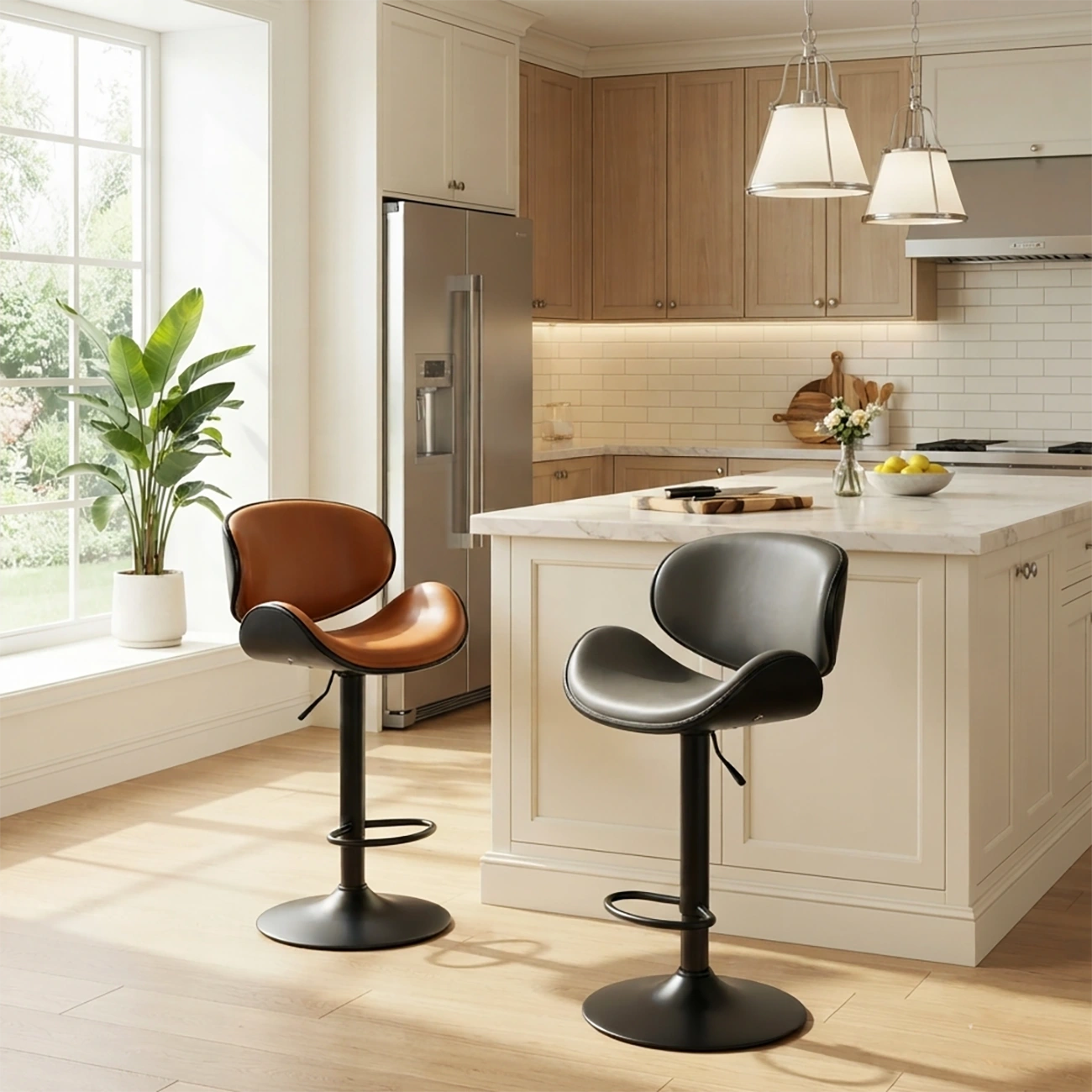 Modern Saddle Swivel Genuine Leather Pedestal Bar Stool Image - 4 | homeyfad
